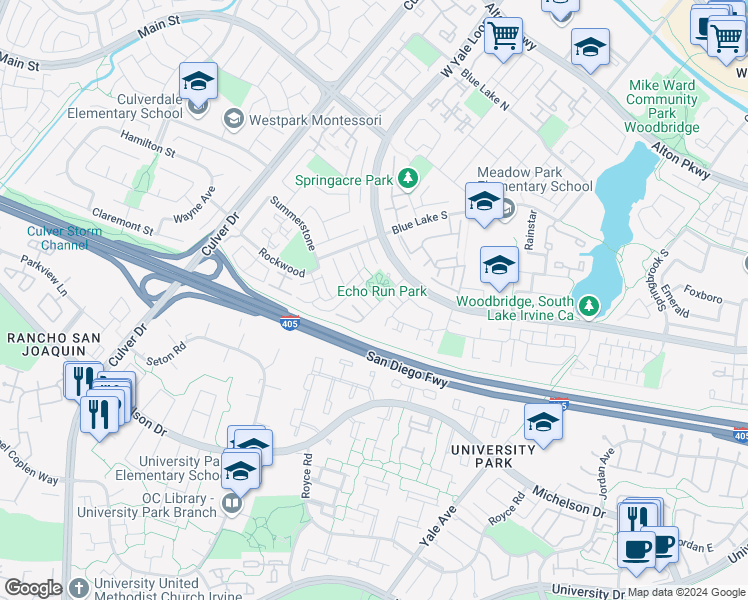 map of restaurants, bars, coffee shops, grocery stores, and more near 32 Echo Run in Irvine