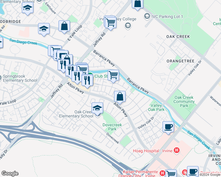 map of restaurants, bars, coffee shops, grocery stores, and more near 1102 Elmhurst in Irvine