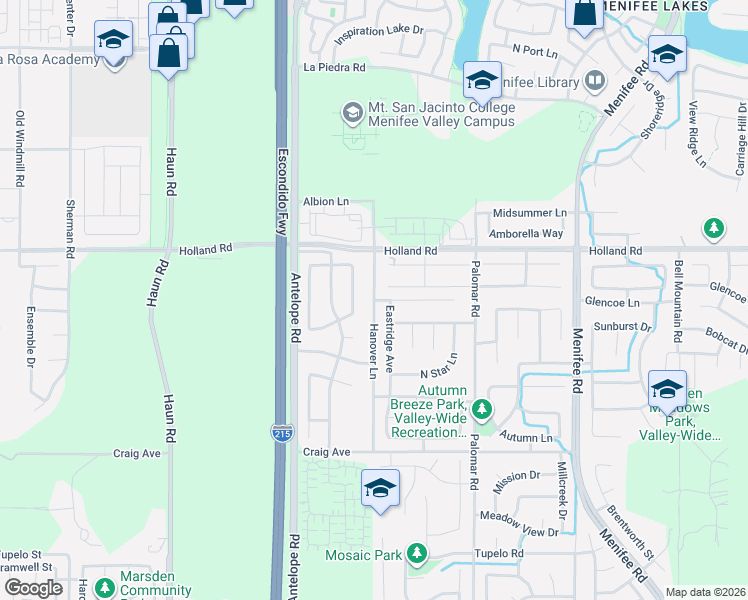 map of restaurants, bars, coffee shops, grocery stores, and more near 28267 Overland Court in Menifee