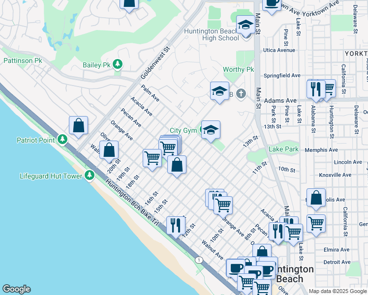 map of restaurants, bars, coffee shops, grocery stores, and more near 522 17th Street in Huntington Beach