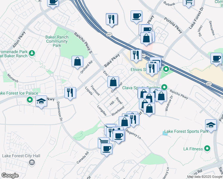 map of restaurants, bars, coffee shops, grocery stores, and more near 300 Brackens in Lake Forest
