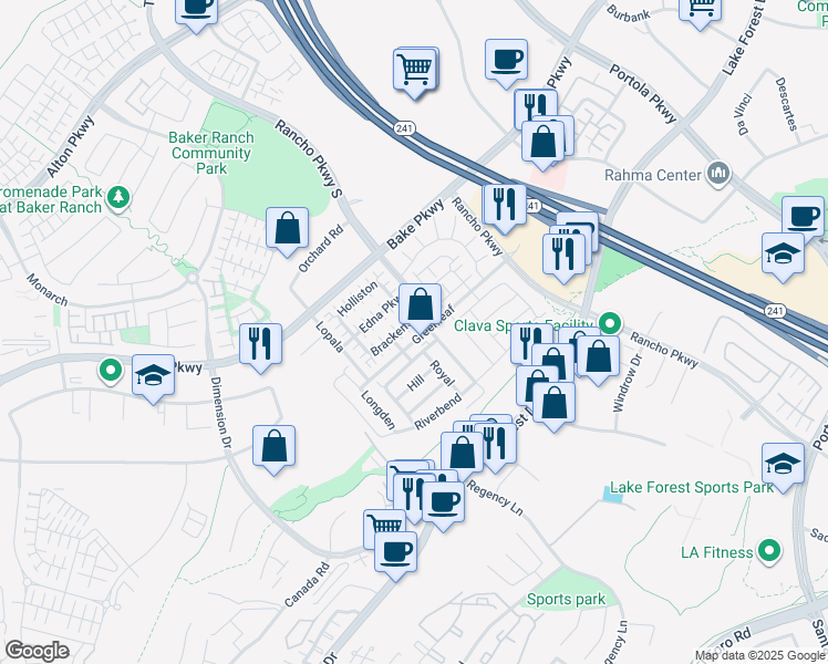 map of restaurants, bars, coffee shops, grocery stores, and more near 300 Brackens in Lake Forest