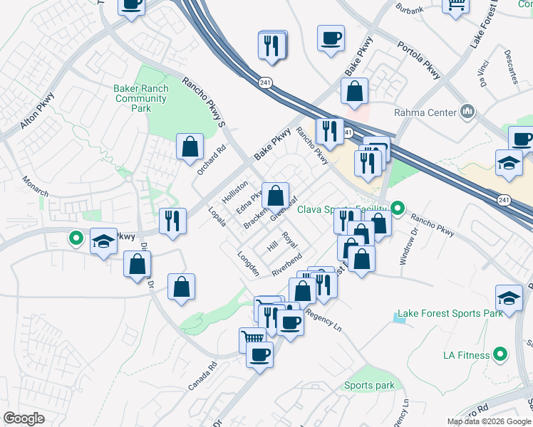map of restaurants, bars, coffee shops, grocery stores, and more near 280 Brackens in Lake Forest