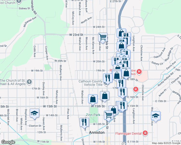 map of restaurants, bars, coffee shops, grocery stores, and more near 209 19th Street in Anniston