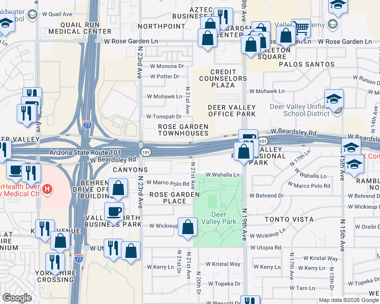 map of restaurants, bars, coffee shops, grocery stores, and more near Arizona 101 Loop in Phoenix