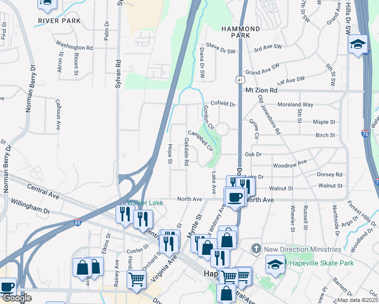 map of restaurants, bars, coffee shops, grocery stores, and more near 723 Campbell Circle in Hapeville