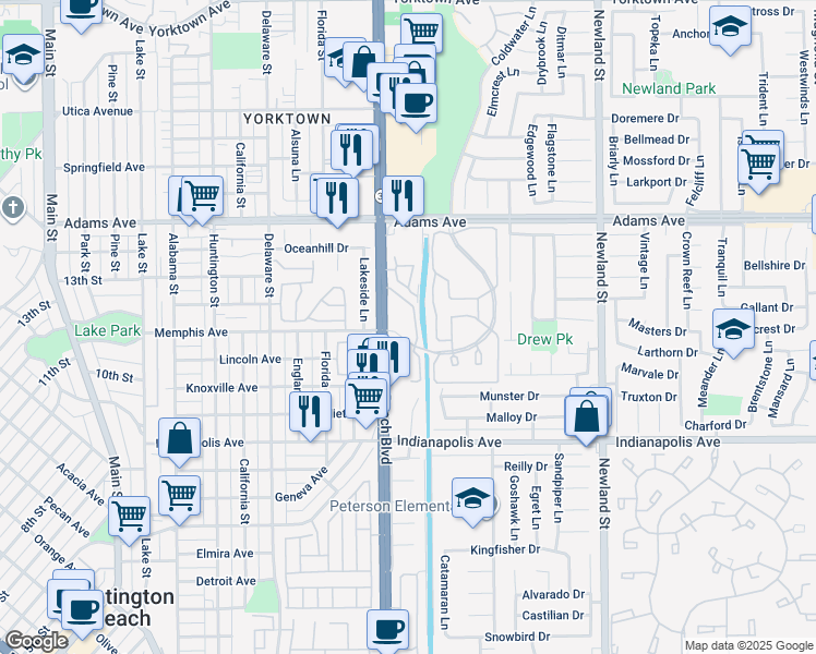 map of restaurants, bars, coffee shops, grocery stores, and more near 20251 Cape Coral Lane in Huntington Beach