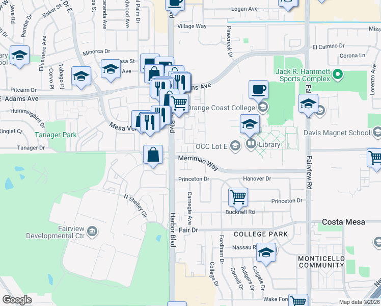 map of restaurants, bars, coffee shops, grocery stores, and more near 411 Aura Drive in Costa Mesa