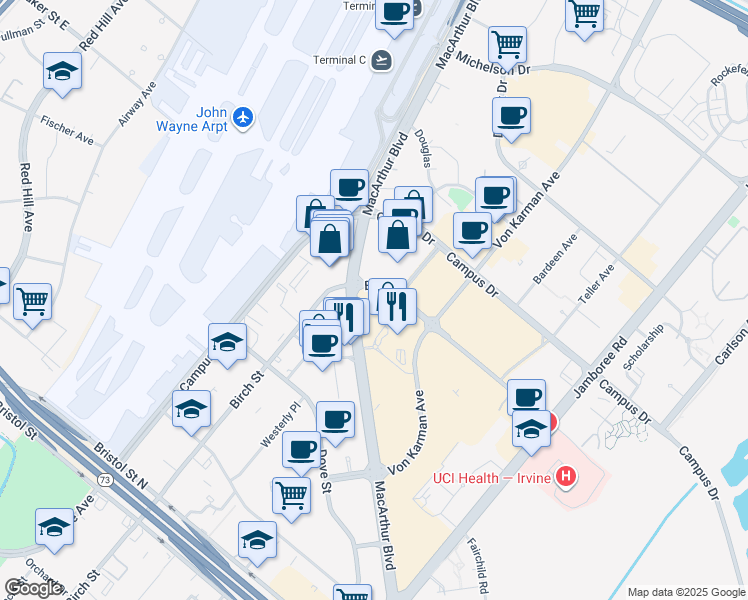 map of restaurants, bars, coffee shops, grocery stores, and more near 4675 Macarthur Court in Newport Beach