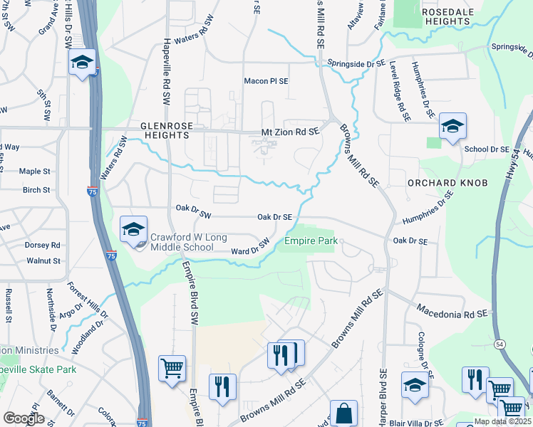 map of restaurants, bars, coffee shops, grocery stores, and more near 188 Oak Drive Southeast in Atlanta