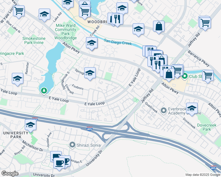 map of restaurants, bars, coffee shops, grocery stores, and more near 527 Springbrook North in Irvine