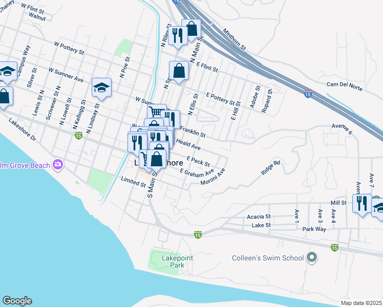 map of restaurants, bars, coffee shops, grocery stores, and more near 119 North Chestnut Street in Lake Elsinore