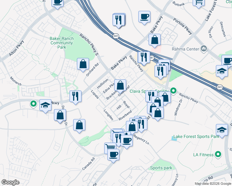 map of restaurants, bars, coffee shops, grocery stores, and more near 20621 Lake Forest Drive in Lake Forest