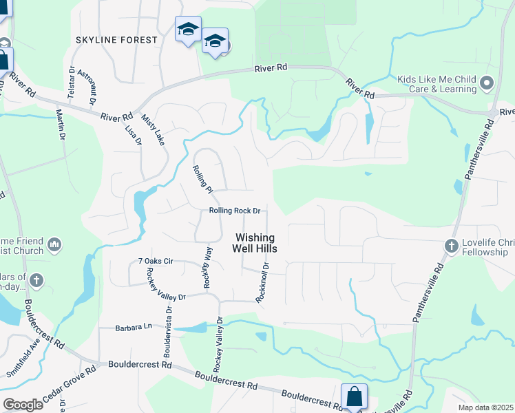 map of restaurants, bars, coffee shops, grocery stores, and more near 2384 Rolling Rock Drive in Conley