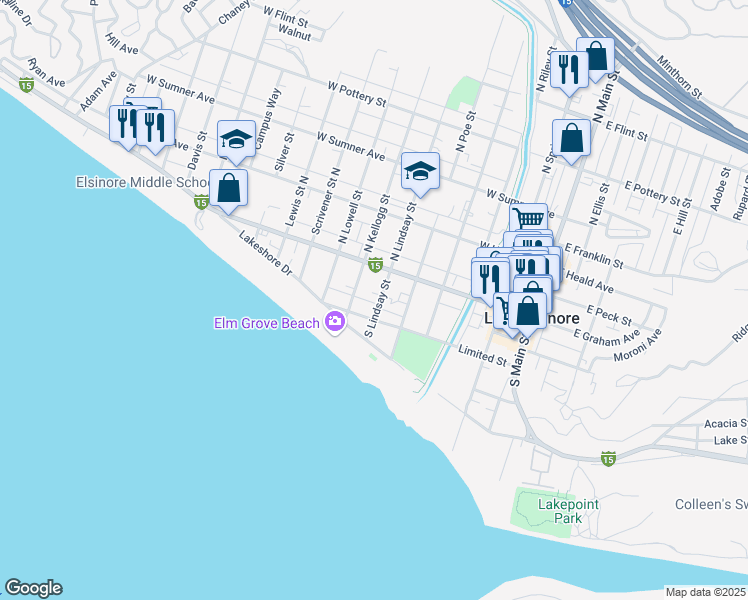 map of restaurants, bars, coffee shops, grocery stores, and more near 2 North Lindsay Street in Lake Elsinore