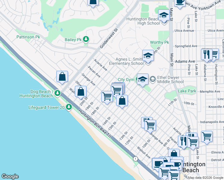 map of restaurants, bars, coffee shops, grocery stores, and more near 423 18th Street in Huntington Beach