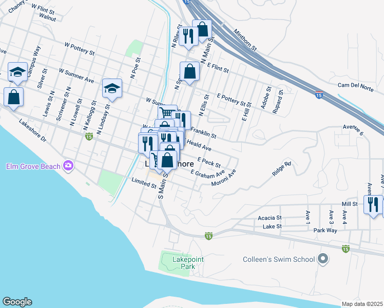 map of restaurants, bars, coffee shops, grocery stores, and more near 207 East Peck Street in Lake Elsinore