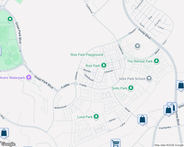 map of restaurants, bars, coffee shops, grocery stores, and more near 124 Rondo in Irvine