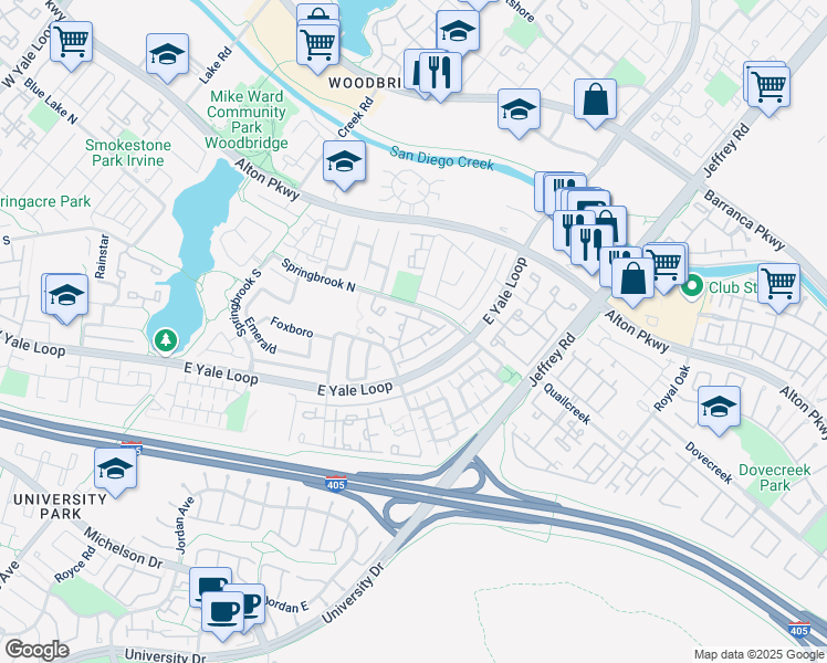 map of restaurants, bars, coffee shops, grocery stores, and more near 527 Springbrook North in Irvine