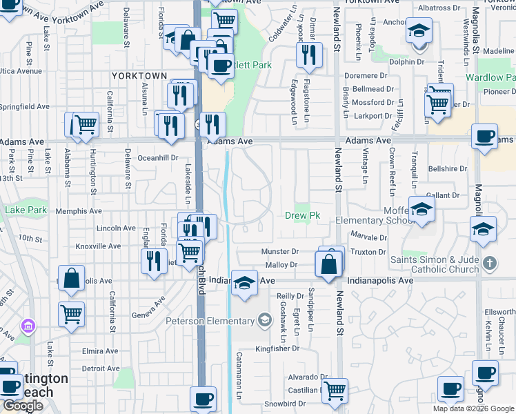 map of restaurants, bars, coffee shops, grocery stores, and more near 8152 Mainsail Drive in Huntington Beach