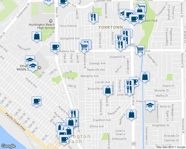 map of restaurants, bars, coffee shops, grocery stores, and more near 212 Nashville Avenue in Huntington Beach