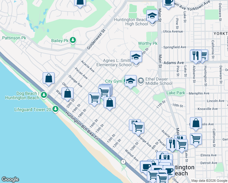 map of restaurants, bars, coffee shops, grocery stores, and more near 602 17th Street in Huntington Beach