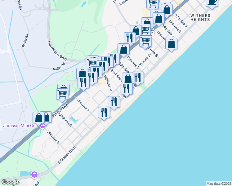 map of restaurants, bars, coffee shops, grocery stores, and more near 2208 Yaupon Drive in Myrtle Beach