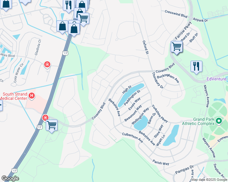 map of restaurants, bars, coffee shops, grocery stores, and more near 1761 Coventry Boulevard in Myrtle Beach