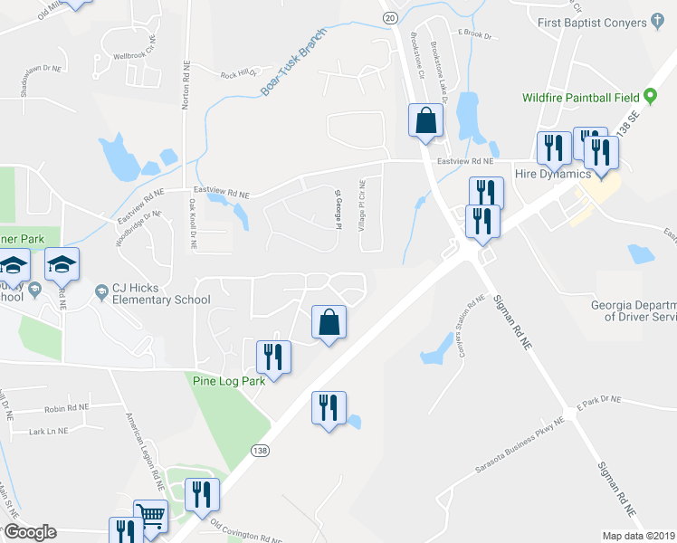map of restaurants, bars, coffee shops, grocery stores, and more near 2056 Belmont Circle Northeast in Conyers