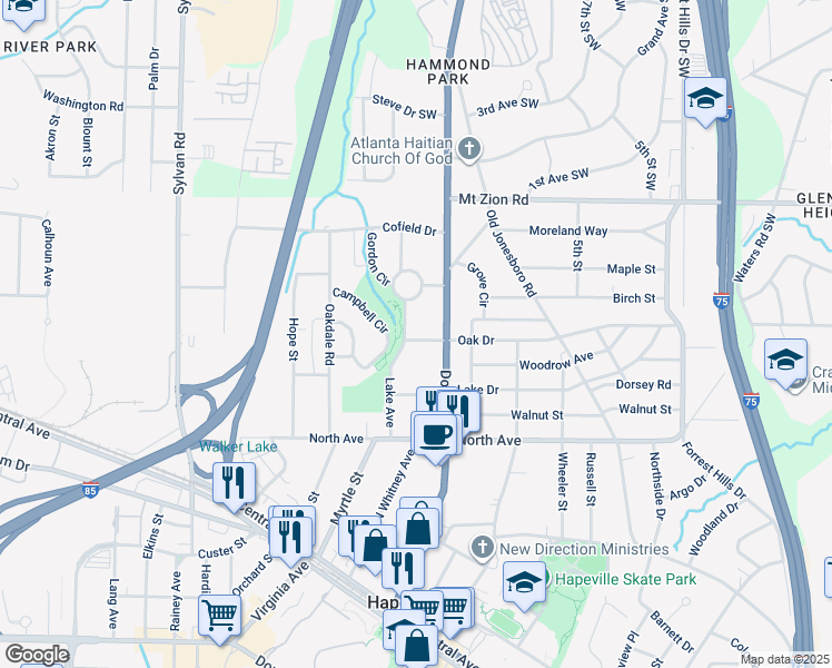 map of restaurants, bars, coffee shops, grocery stores, and more near 3160 Lake Avenue in Hapeville