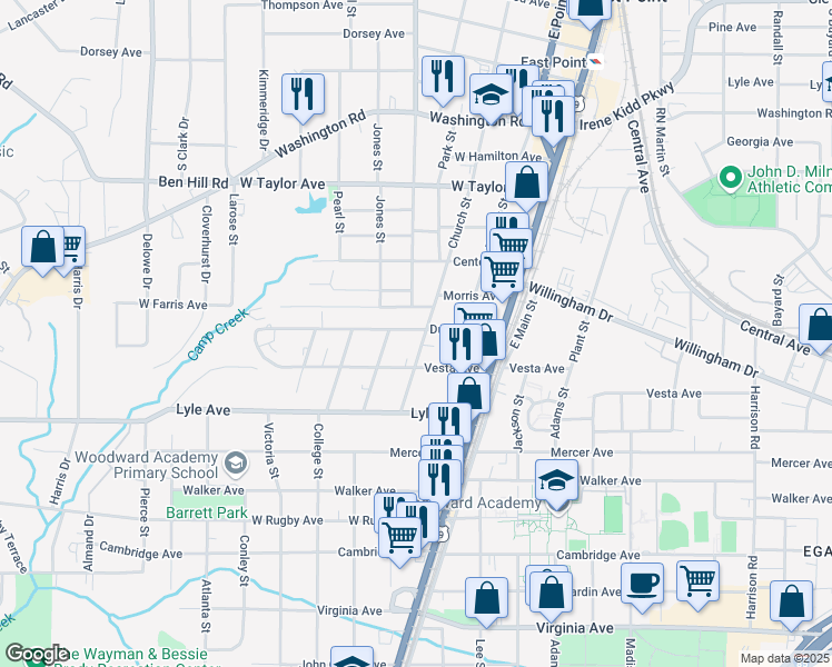 map of restaurants, bars, coffee shops, grocery stores, and more near 3172 Church Street in East Point