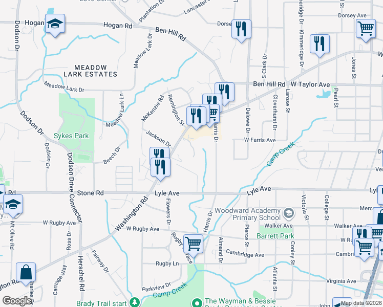 map of restaurants, bars, coffee shops, grocery stores, and more near 3128 Chateau Boulevard in East Point