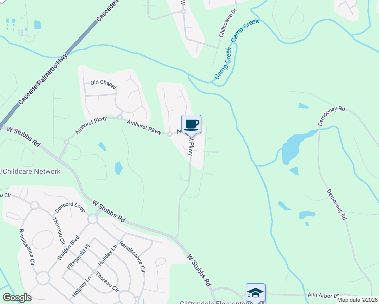 map of restaurants, bars, coffee shops, grocery stores, and more near 3384 Amhurst Parkway in Atlanta