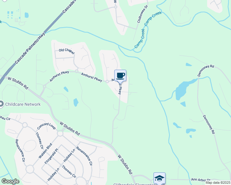 map of restaurants, bars, coffee shops, grocery stores, and more near 3385 Amhurst Parkway in Atlanta