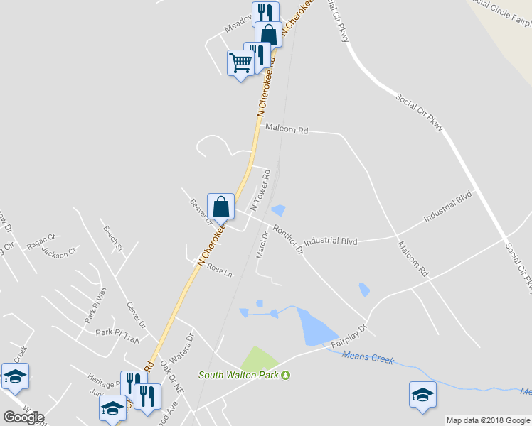 map of restaurants, bars, coffee shops, grocery stores, and more near 1022 North Tower Road in Social Circle