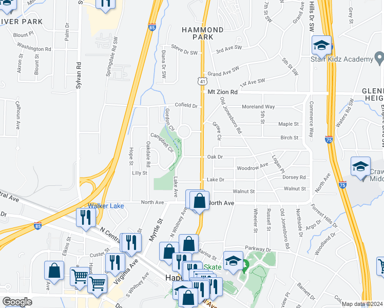 map of restaurants, bars, coffee shops, grocery stores, and more near 725 Oak Drive in Hapeville
