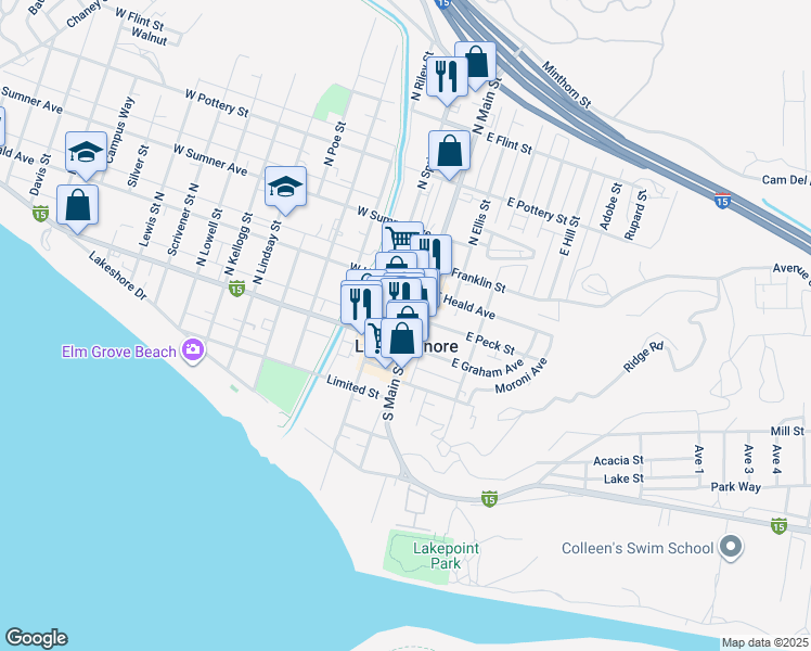 map of restaurants, bars, coffee shops, grocery stores, and more near 150 North Main Street in Lake Elsinore