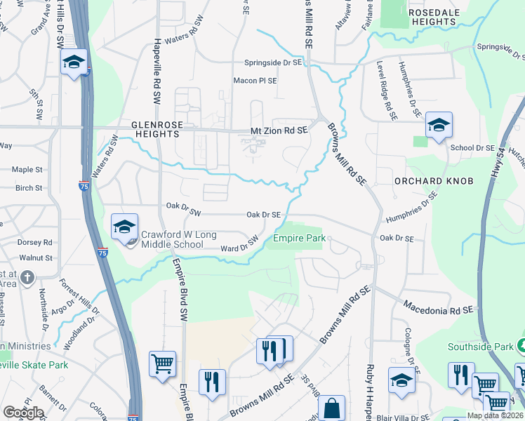 map of restaurants, bars, coffee shops, grocery stores, and more near 196 Oak Drive Southeast in Atlanta