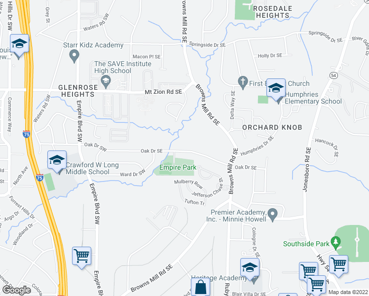 map of restaurants, bars, coffee shops, grocery stores, and more near 282 Oak Drive Southeast in Atlanta