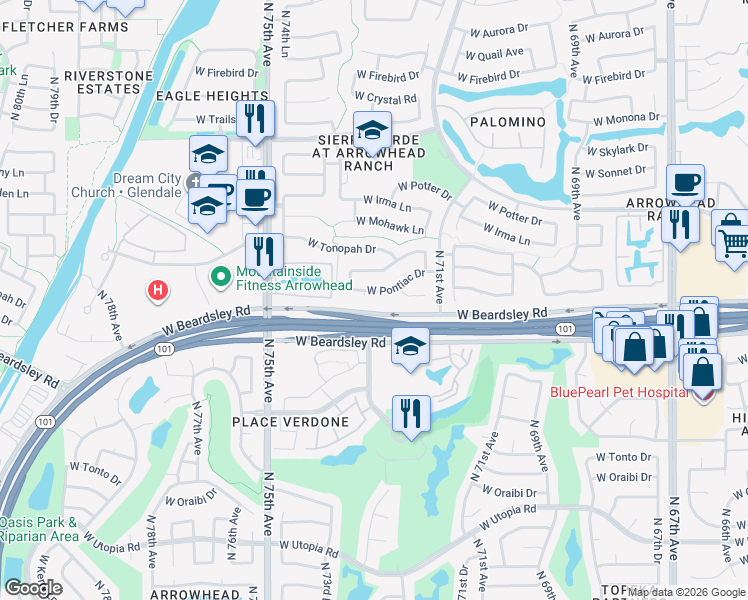 map of restaurants, bars, coffee shops, grocery stores, and more near 7227 West Pontiac Drive in Glendale