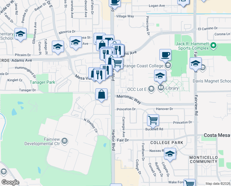 map of restaurants, bars, coffee shops, grocery stores, and more near 411 Aura Drive in Costa Mesa