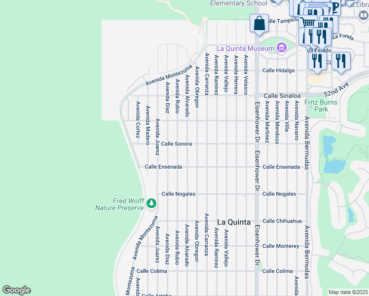 map of restaurants, bars, coffee shops, grocery stores, and more near 52225 Avenue Alvarado in La Quinta
