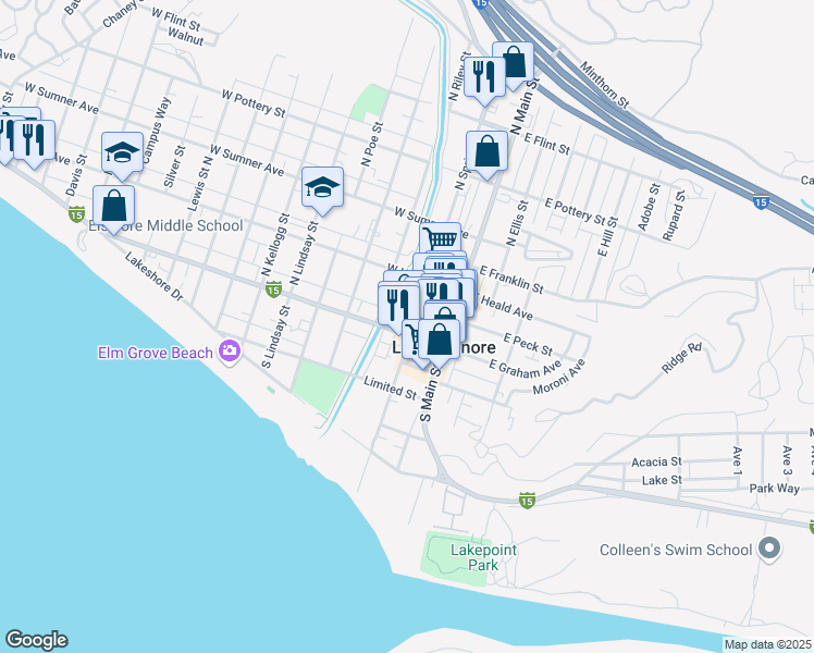 map of restaurants, bars, coffee shops, grocery stores, and more near 127 West Graham Avenue in Lake Elsinore