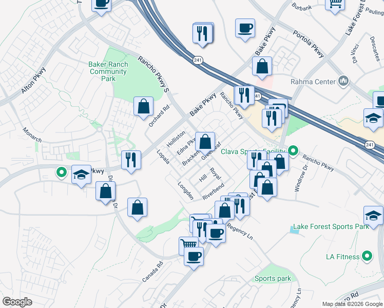 map of restaurants, bars, coffee shops, grocery stores, and more near 241 Brackens in Lake Forest