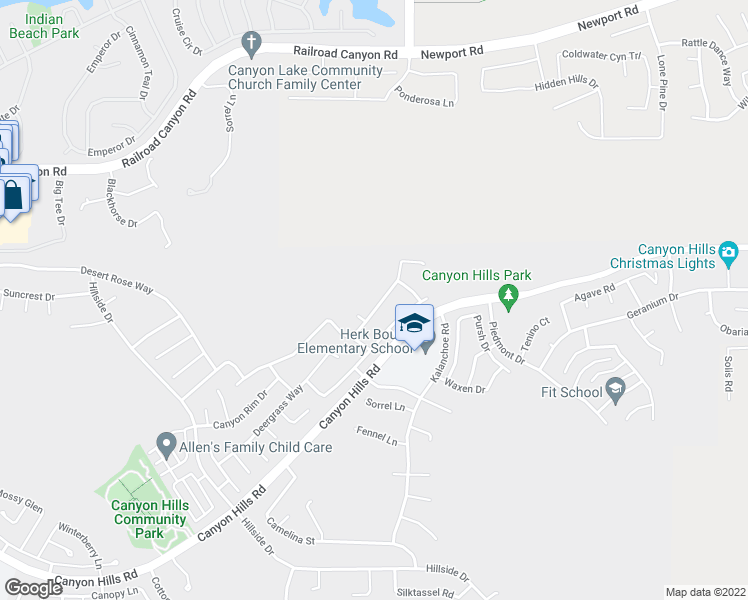 map of restaurants, bars, coffee shops, grocery stores, and more near 34308 Heather Ridge Road in Lake Elsinore