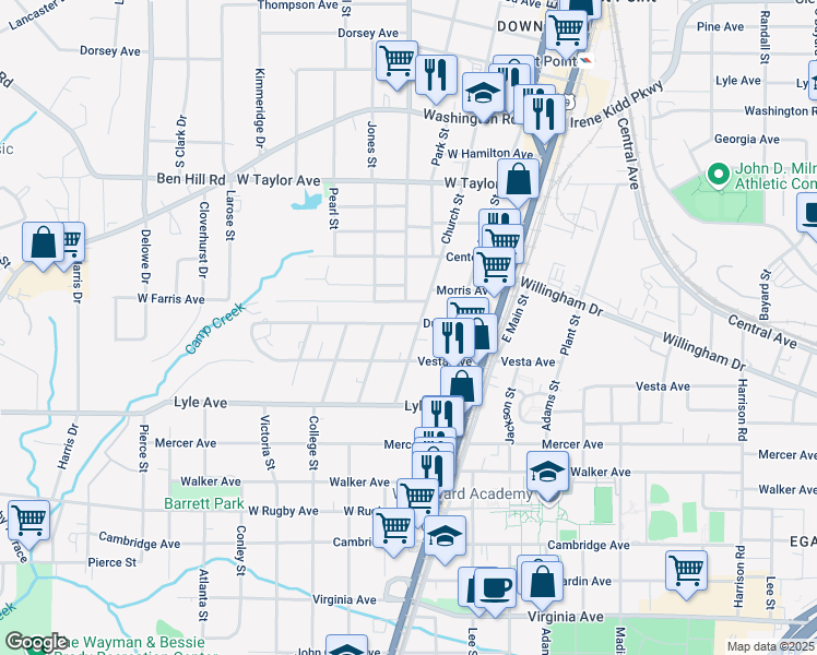 map of restaurants, bars, coffee shops, grocery stores, and more near 3172 Church Street in East Point