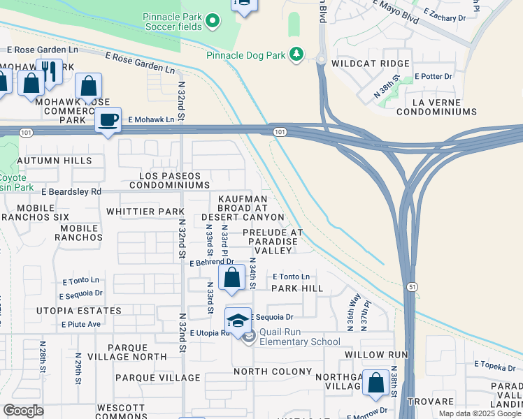 map of restaurants, bars, coffee shops, grocery stores, and more near 3364 East Menadota Drive in Phoenix