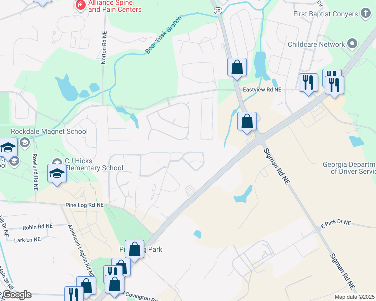 map of restaurants, bars, coffee shops, grocery stores, and more near 2056 Belmont Circle Northeast in Conyers