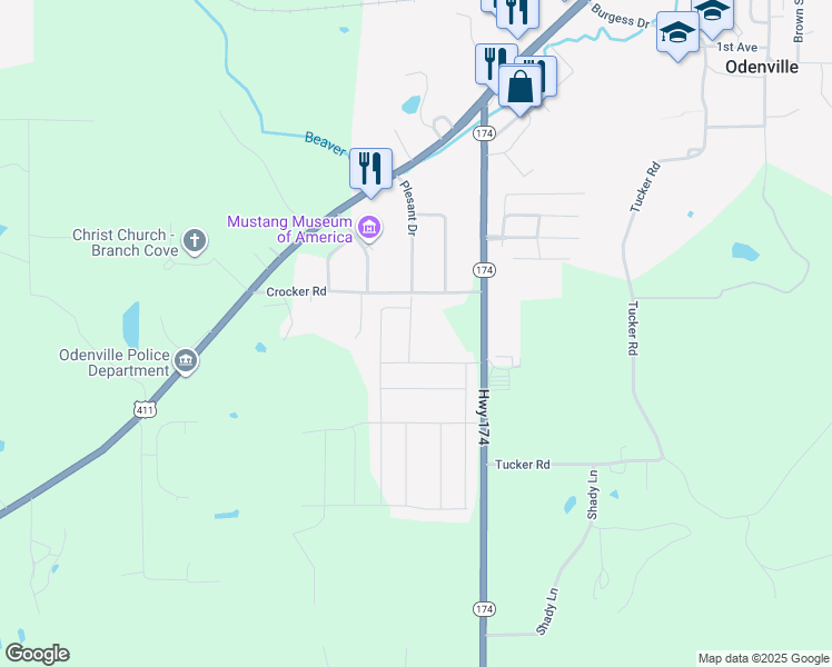 map of restaurants, bars, coffee shops, grocery stores, and more near 423 Crocker Road in Odenville