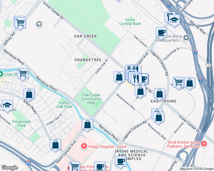 map of restaurants, bars, coffee shops, grocery stores, and more near 15505 Sand Canyon Avenue in Irvine